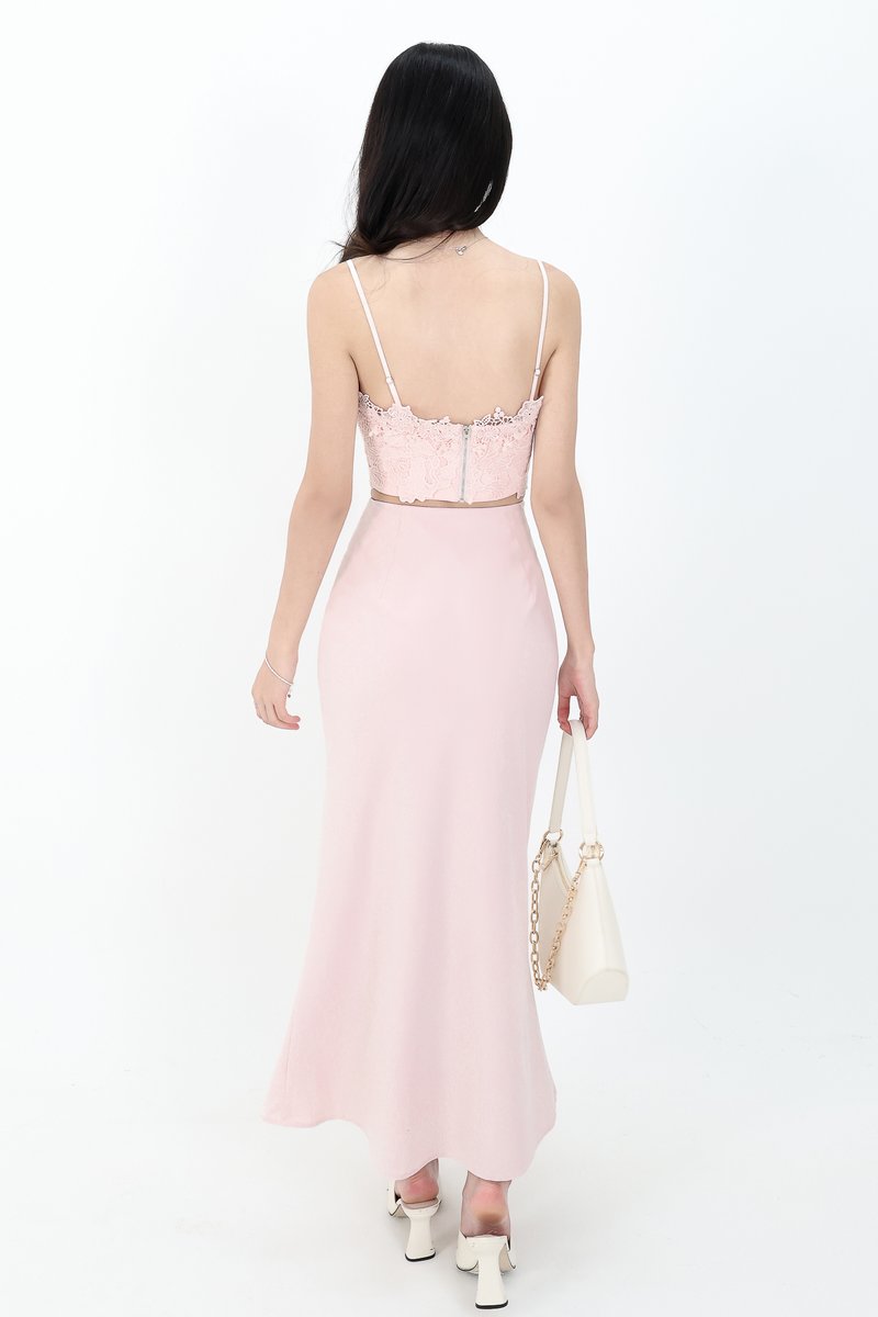 Odenne Overlap Ruched Midi Skirt in Pastel Pink ( Regular Length )