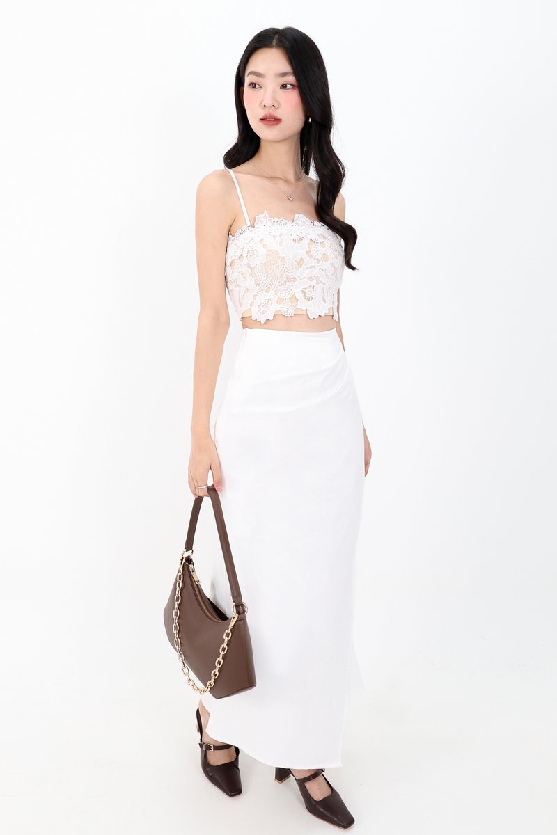 Odenne Overlap Ruched Midi Skirt in White ( Regular Length )
