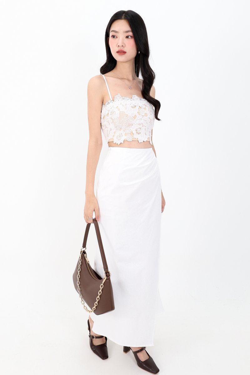 Odenne Overlap Ruched Midi Skirt in White ( Regular Length )