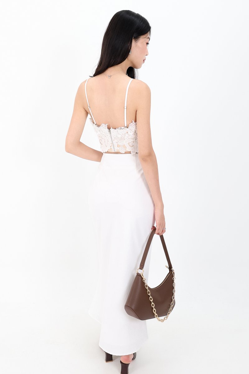 Odenne Overlap Ruched Midi Skirt in White ( Regular Length )