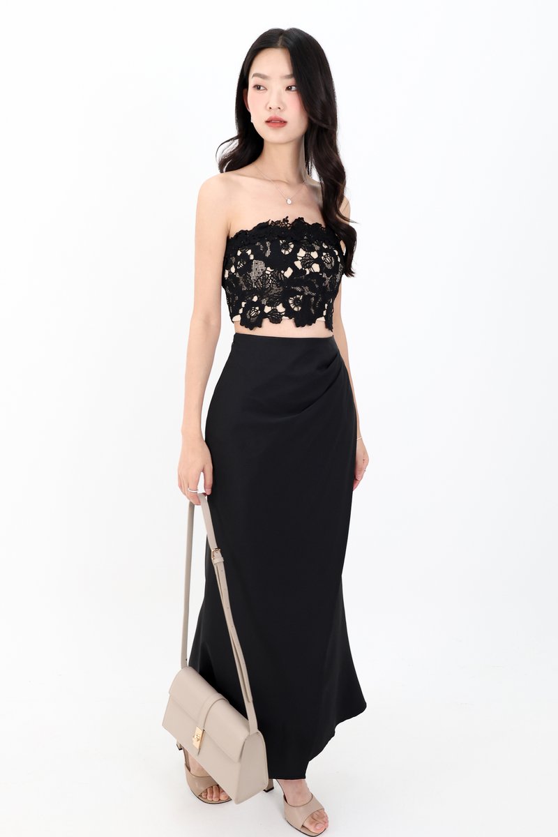 Odenne Overlap Ruched Midi Skirt in Black ( Regular Length )