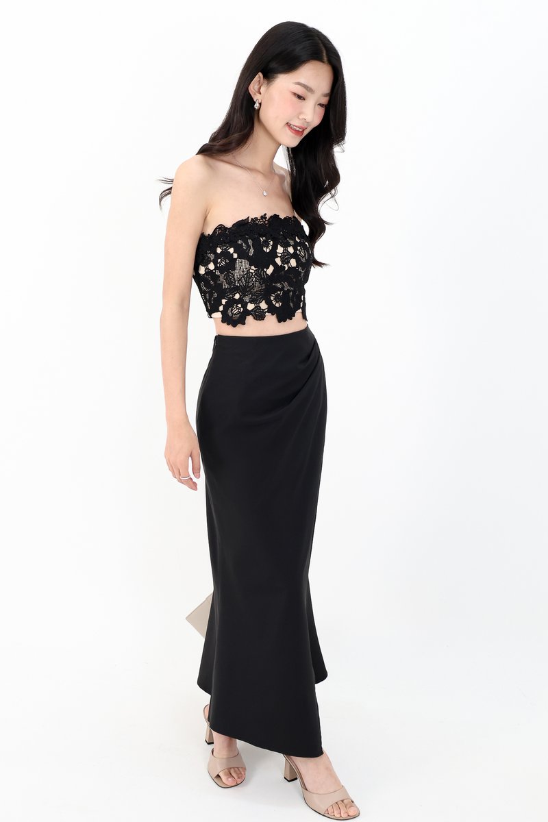 Odenne Overlap Ruched Midi Skirt in Black ( Regular Length )