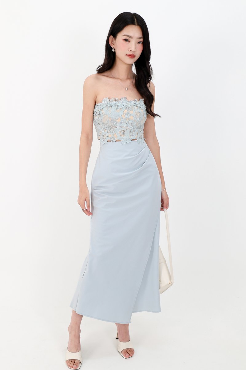 Odenne Overlap Ruched Midi Skirt in Blue ( Regular Length )