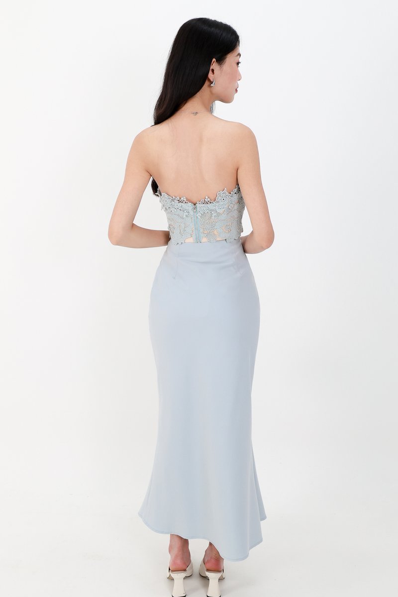 Odenne Overlap Ruched Midi Skirt in Blue ( Regular Length )