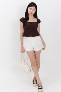 Pesse Peplum Sleeved Top in Dark Warm Brown Pesse Peplum Sleeved Top in Dark Warm Brown