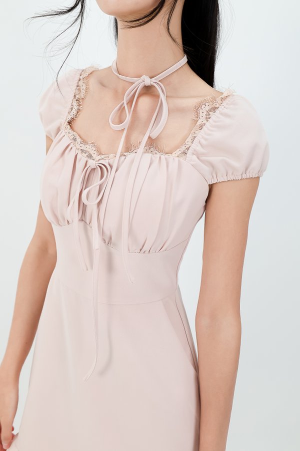 Sammy Sleeved Romper Dress in Nude Blush