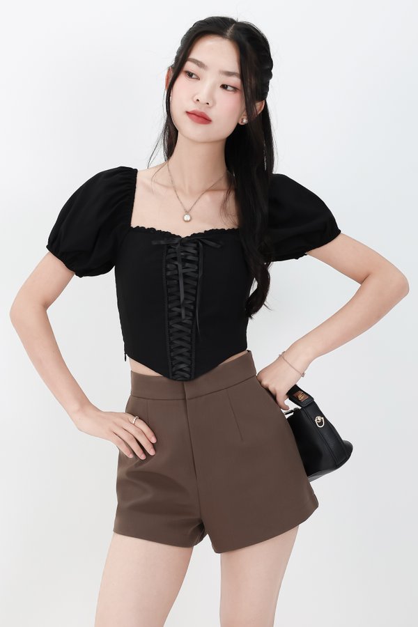 Cammie Corset Sleeved Top in Black