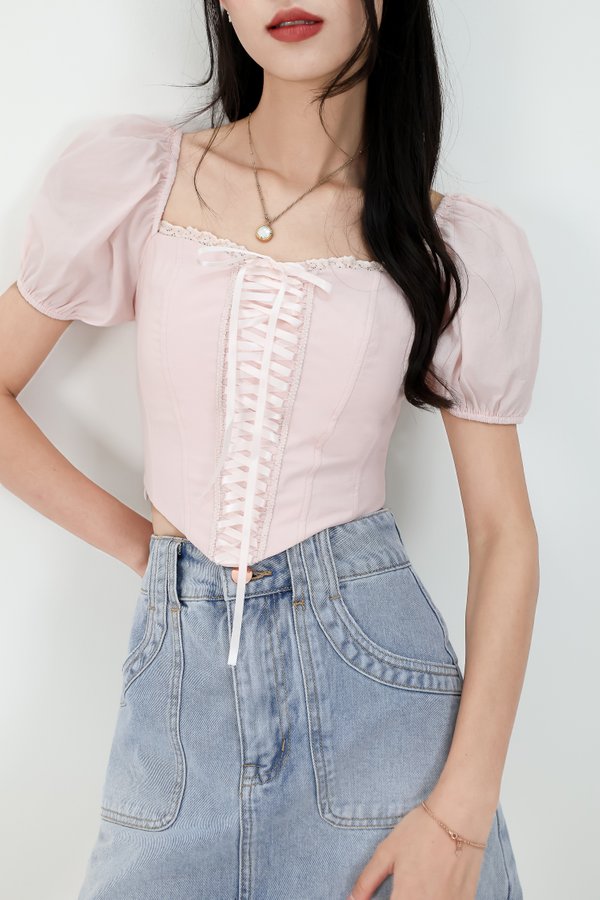 Cammie Corset Sleeved Top in Light Pink