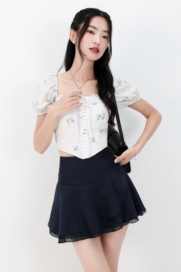 RESTOCKS | Cammie Corset Sleeved Top in Blue Florals