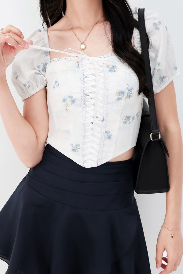RESTOCKS | Cammie Corset Sleeved Top in Blue Florals