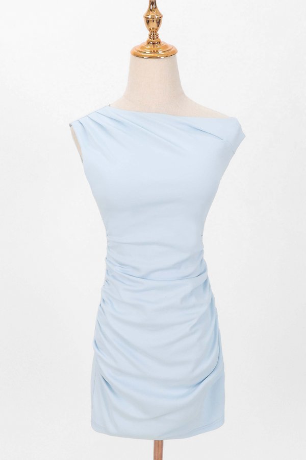 Olivia One Shoulder Ruched Mini Dress in Pastel Blue