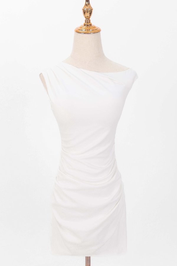 Olivia One Shoulder Ruched Mini Dress in White