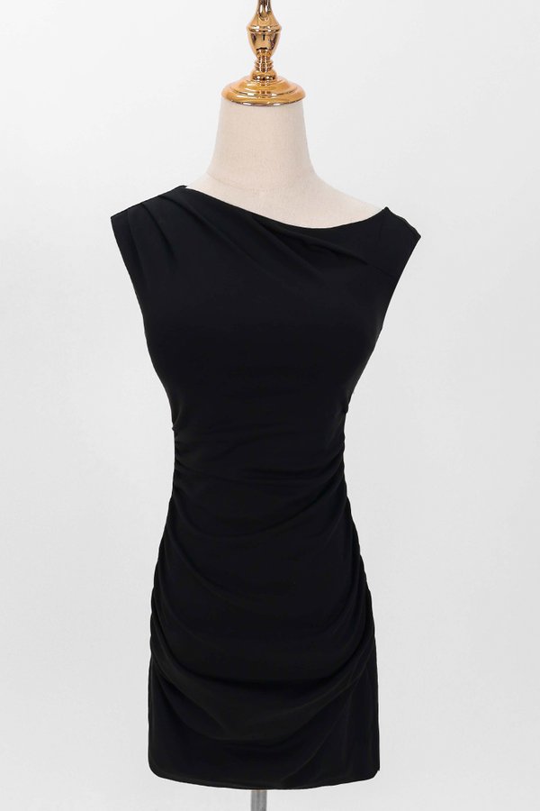 Olivia One Shoulder Ruched Mini Dress in Black
