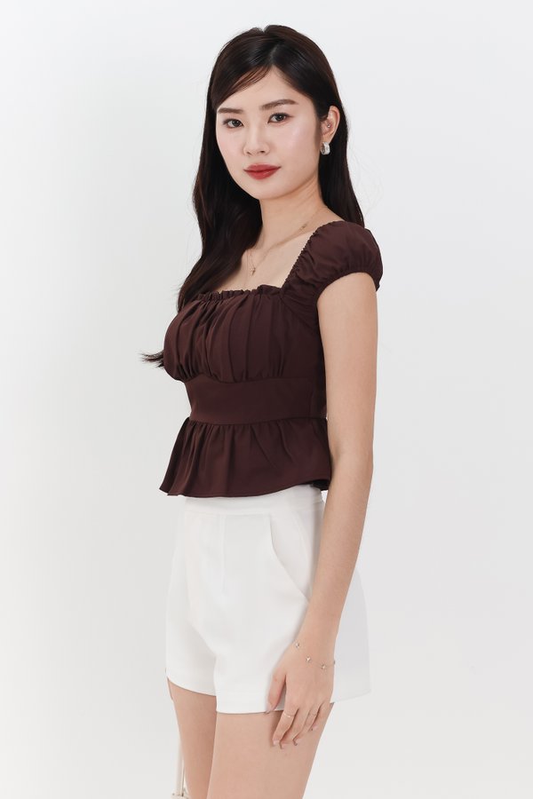 Pesse Peplum Sleeved Top in Dark Warm Brown