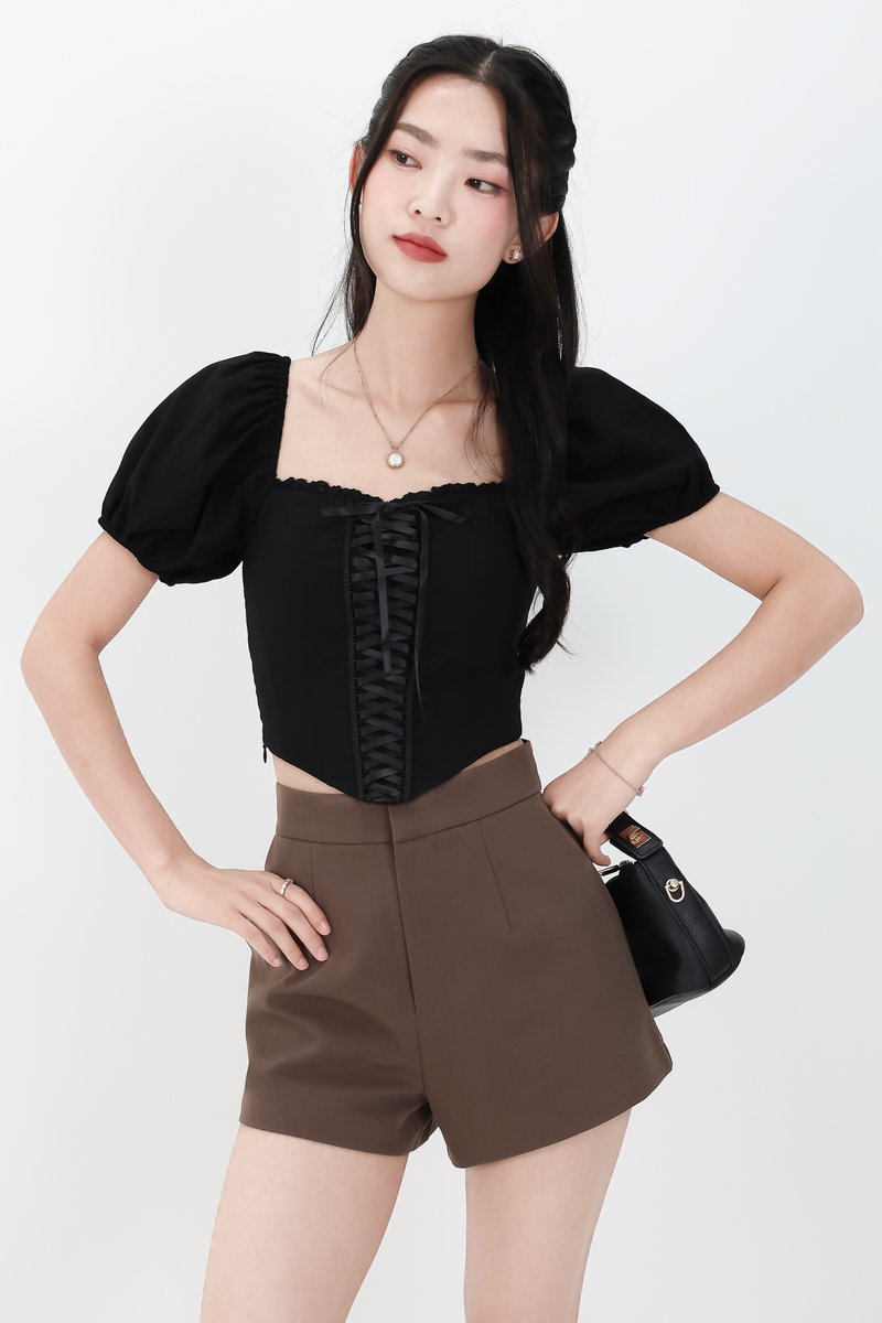 Cammie Corset Sleeved Top in Black