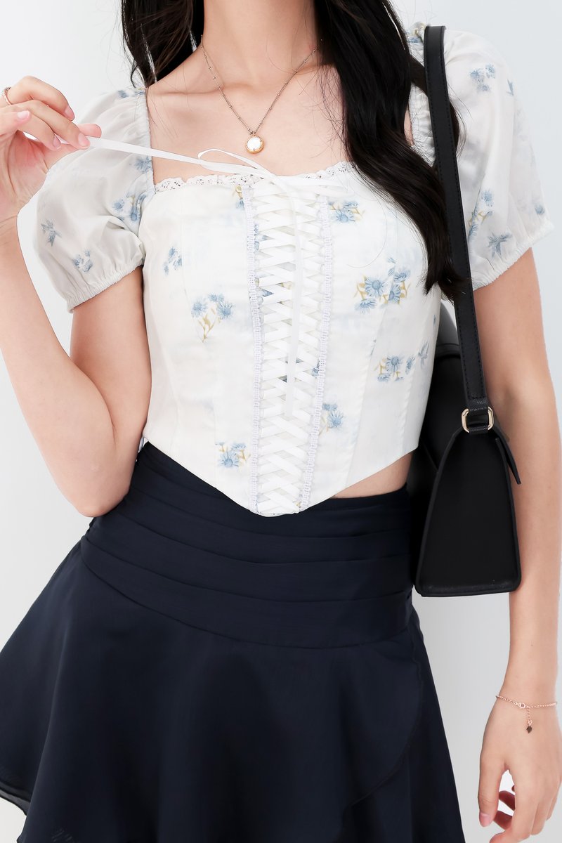 RESTOCKS | Cammie Corset Sleeved Top in Blue Florals