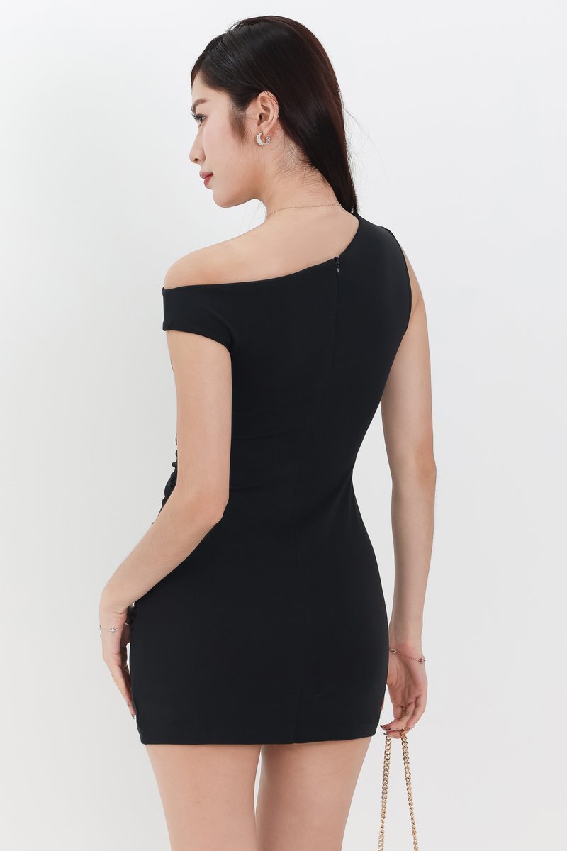 Olivia One Shoulder Ruched Mini Dress in Black
