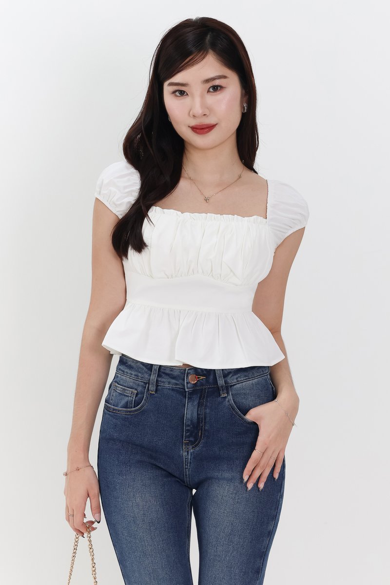 Pesse Peplum Sleeved Top in White Pesse Peplum Sleeved Top in White