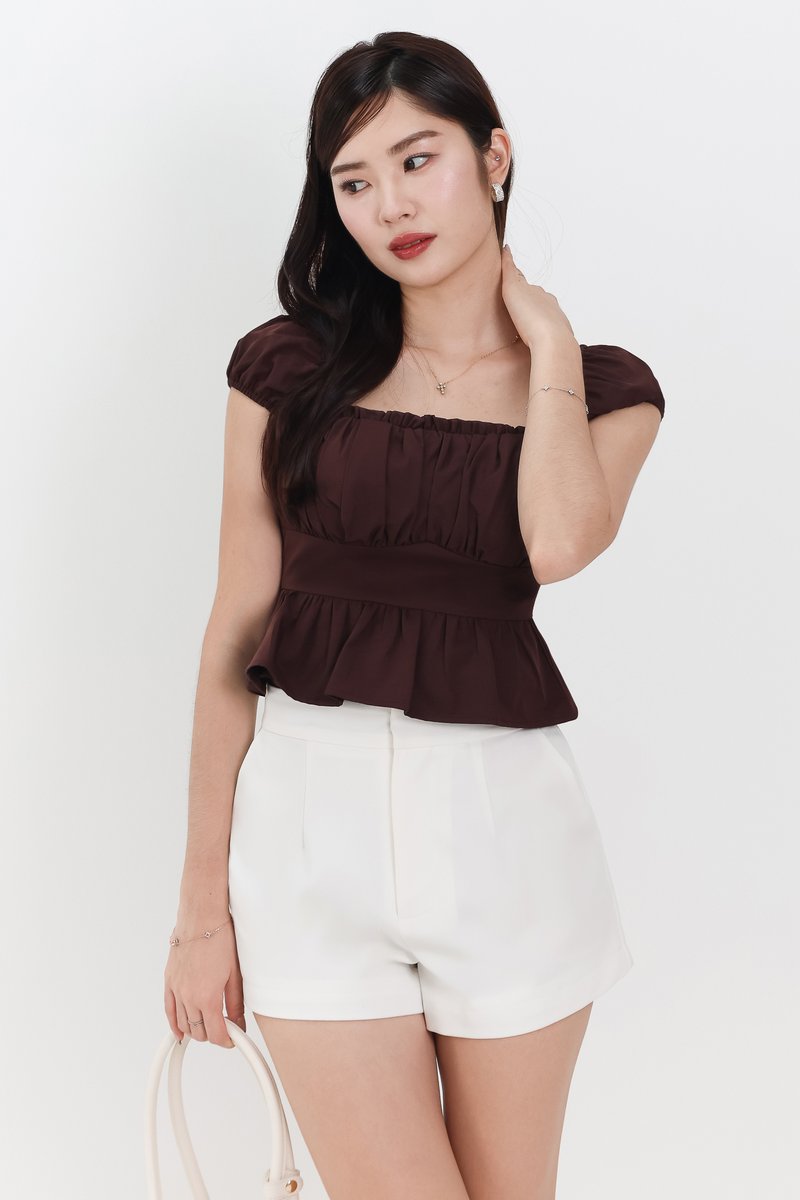 Pesse Peplum Sleeved Top in Dark Warm Brown Pesse Peplum Sleeved Top in Dark Warm Brown