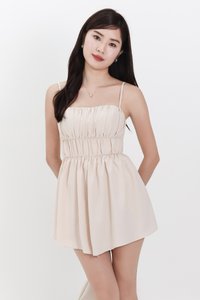 Rea Ruched Romper Dress in Cream Nude