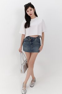 Audrey Asymmetrical Mid Waist Denim Skorts in Dark Wash