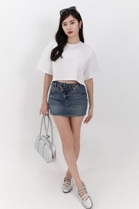 Audrey Asymmetrical Mid Waist Denim Skorts in Dark Wash