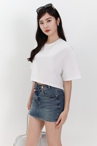 Audrey Asymmetrical Mid Waist Denim Skorts in Dark Wash