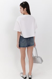 Audrey Asymmetrical Mid Waist Denim Skorts in Dark Wash