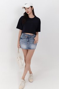 Audrey Asymmetrical Mid Waist Denim Skorts in Light Wash