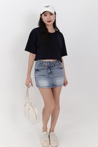 Audrey Asymmetrical Mid Waist Denim Skorts in Light Wash
