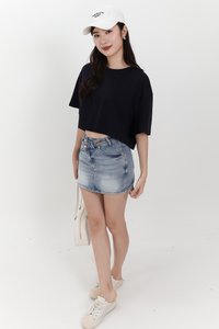 Audrey Asymmetrical Mid Waist Denim Skorts in Light Wash