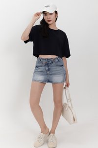 Audrey Asymmetrical Mid Waist Denim Skorts in Light Wash