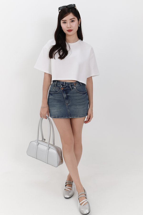Audrey Asymmetrical Mid Waist Denim Skorts in Dark Wash