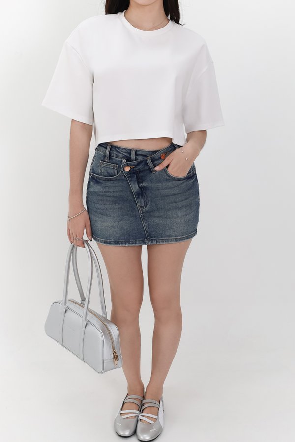 Audrey Asymmetrical Mid Waist Denim Skorts in Dark Wash
