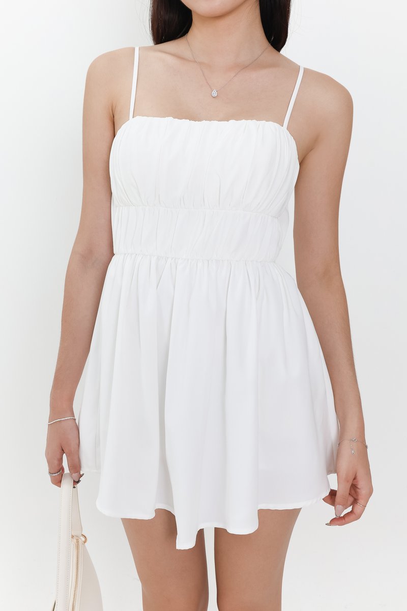 Rea Ruched Romper Dress in White