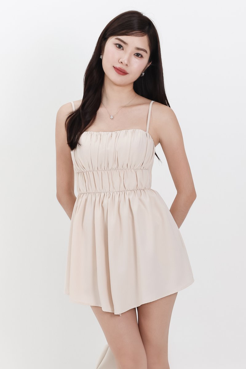 Rea Ruched Romper Dress in Cream Nude