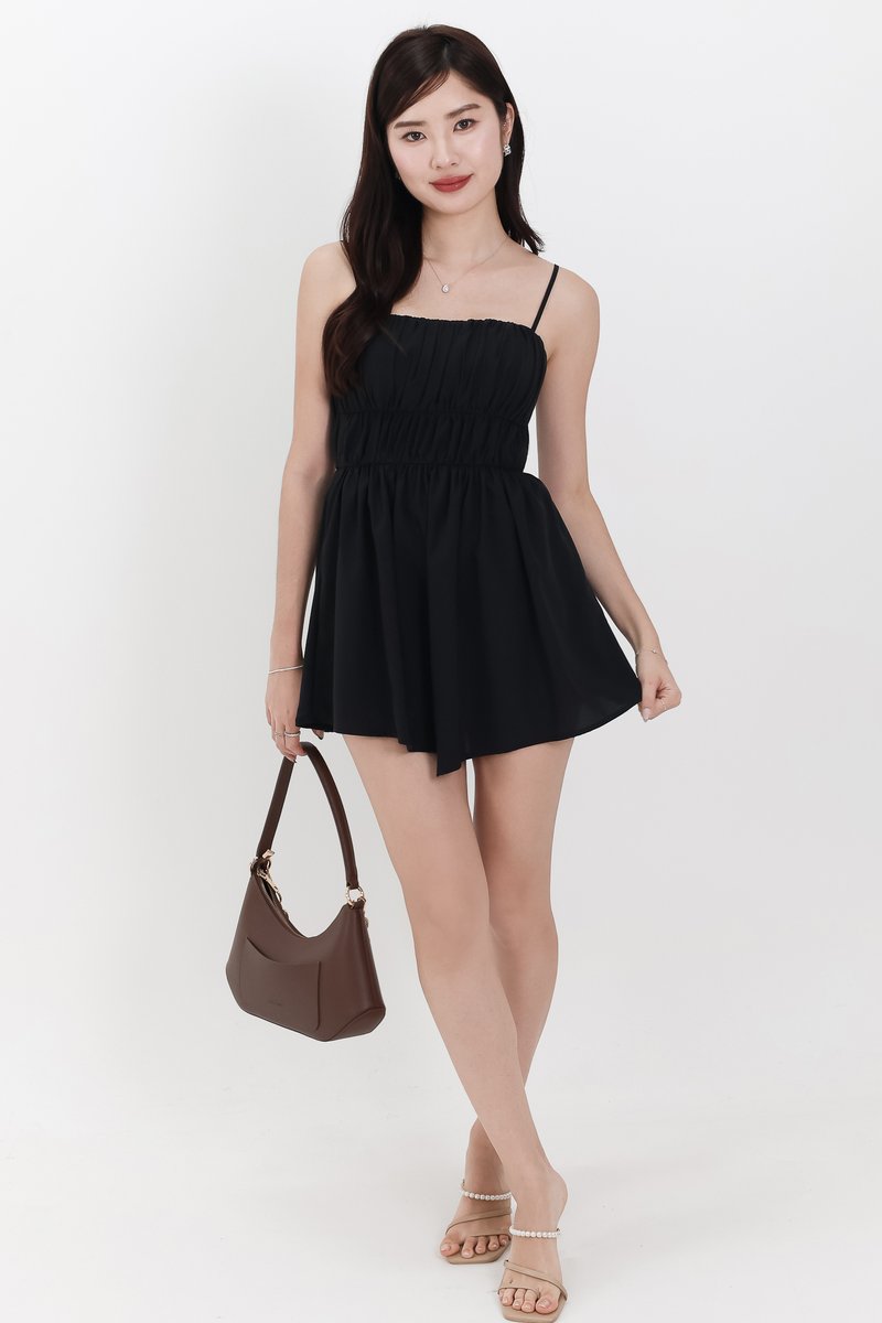 Rea Ruched Romper Dress in Black