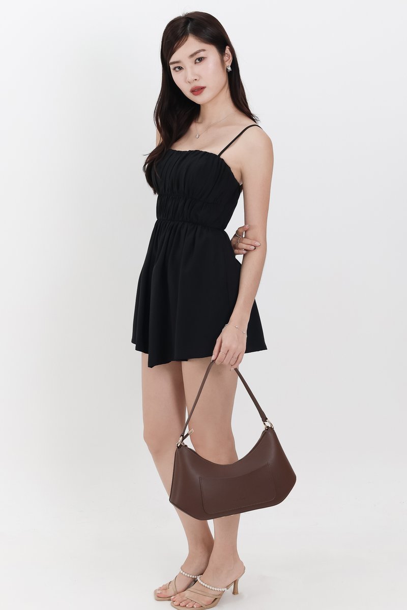 Rea Ruched Romper Dress in Black