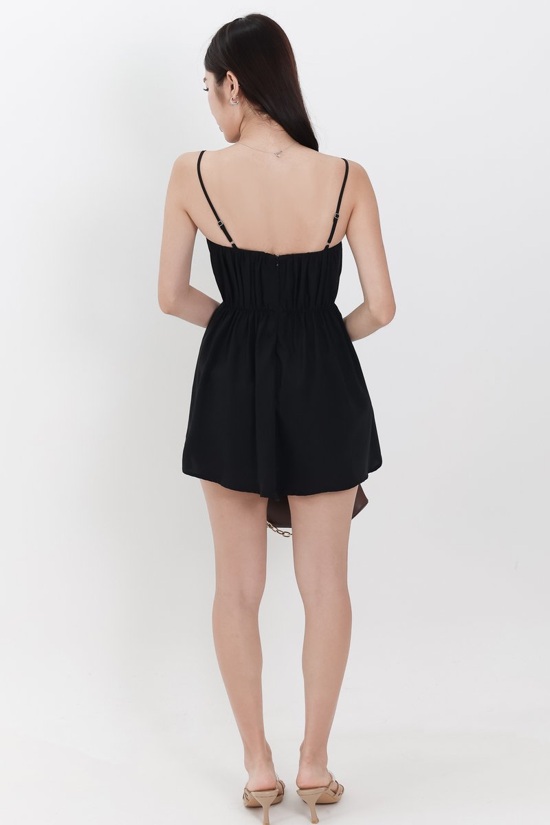Rea Ruched Romper Dress in Black