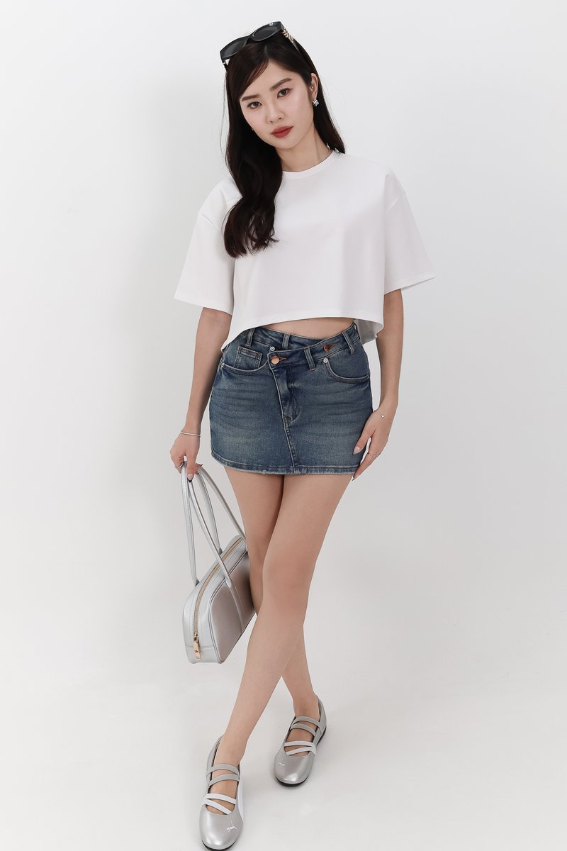 Audrey Asymmetrical Mid Waist Denim Skorts in Dark Wash