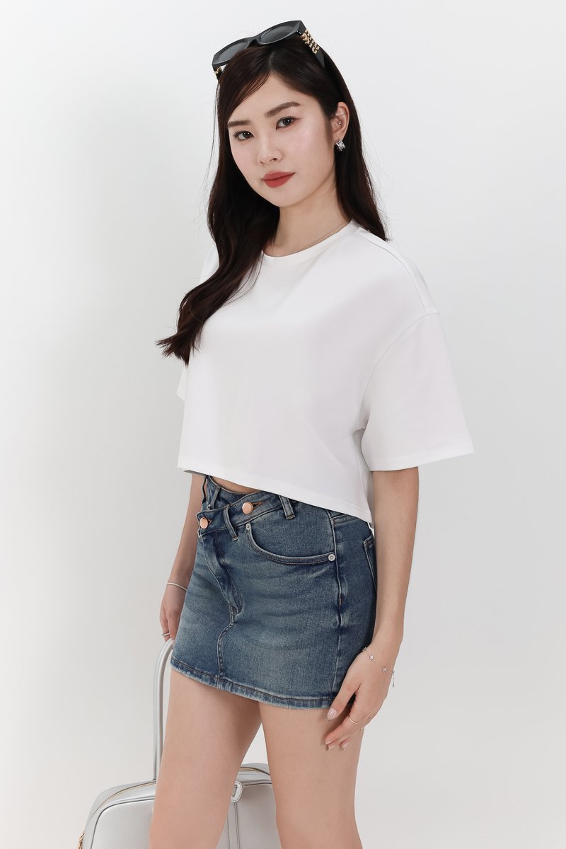 Audrey Asymmetrical Mid Waist Denim Skorts in Dark Wash