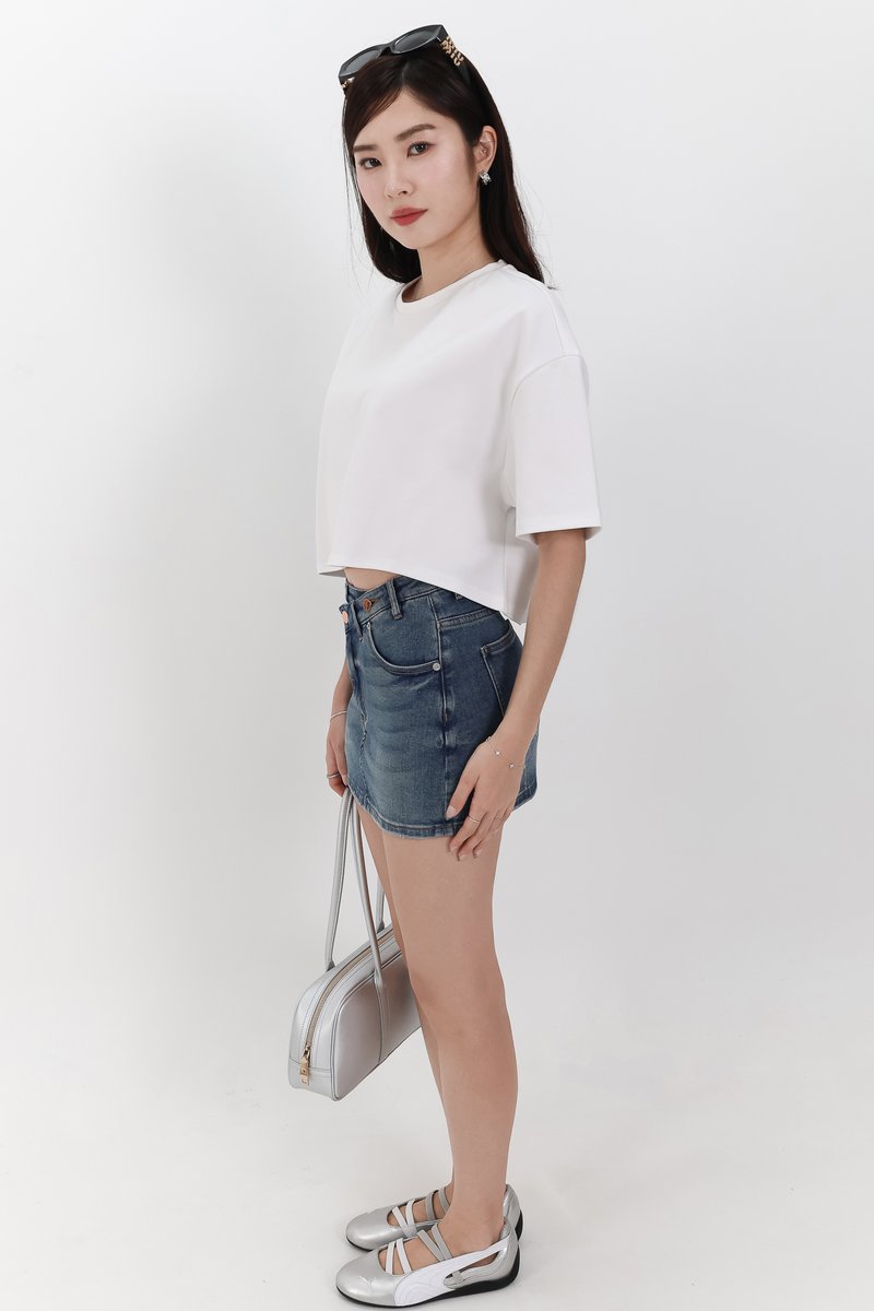 Audrey Asymmetrical Mid Waist Denim Skorts in Dark Wash
