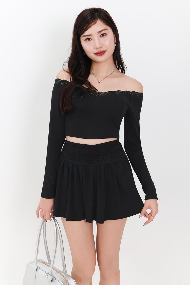 Lindsay Lace Co-ord Offshoulder Top in Black