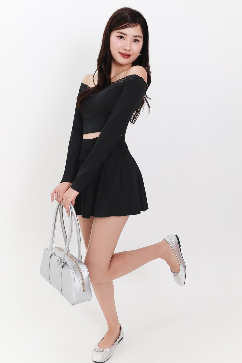 Lindsay Lace Co-ord Offshoulder Top in Black