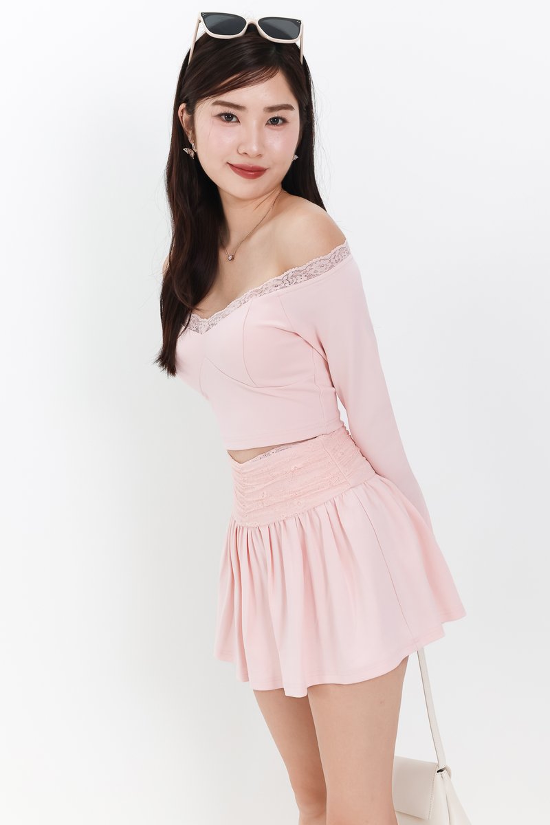 Lindsay Lace Co-ord Offshoulder Top in Pink