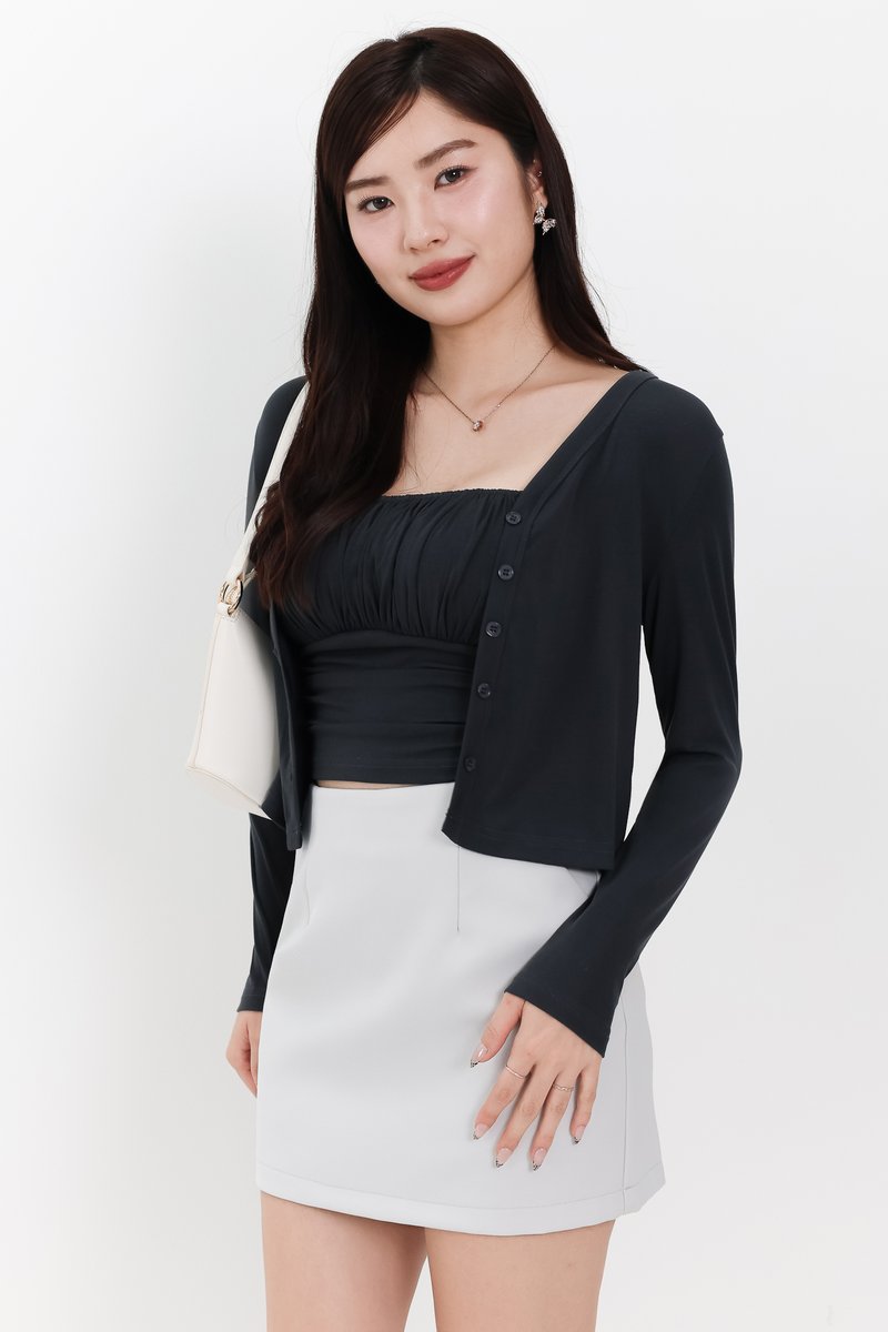 Chaerin Cardigan Top Set in Dark Grey