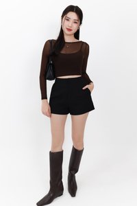 Mia Mesh Overlay Sleeved Top in Dark Brown