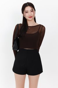 Mia Mesh Overlay Sleeved Top in Dark Brown