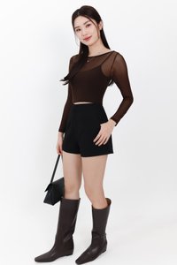 Mia Mesh Overlay Sleeved Top in Dark Brown