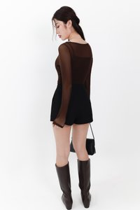 Mia Mesh Overlay Sleeved Top in Dark Brown